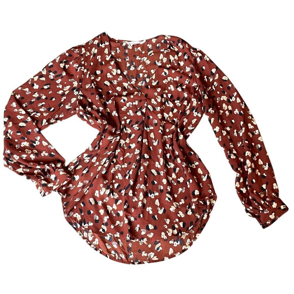Lush Split Neck Blouse Sz M‎ Rust-Brown Abstract Geometric/Floral Print #350C